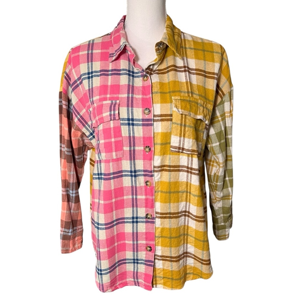 Talulah Mixed Plaid Button Down Flannel Long Sleeve Shirt Multicolor Size Small